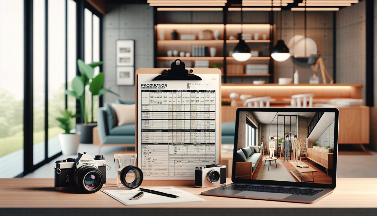 Detailed production schedule (Koban-hyo) on a clipboard next to a camera and laptop in a studio setting