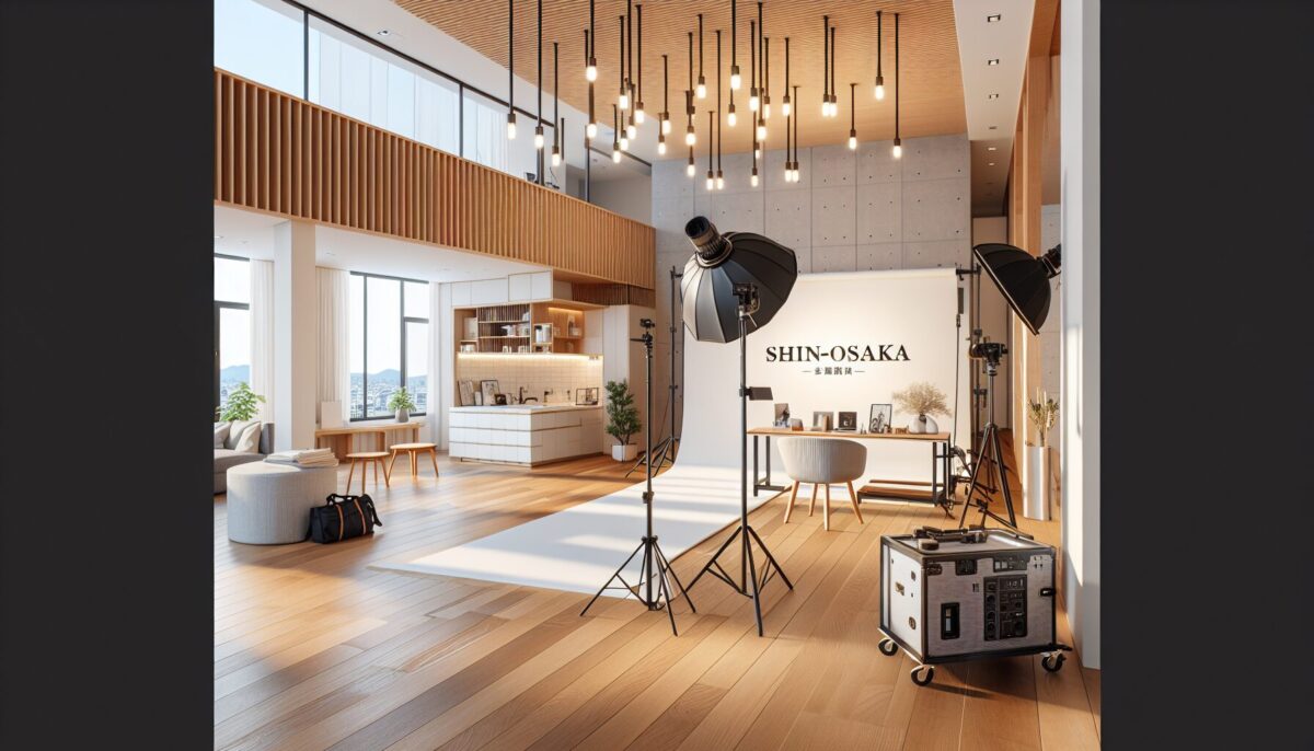 Professional photography studio setup in Shin-Osaka with high-end lighting equipment and white cyclorama wall